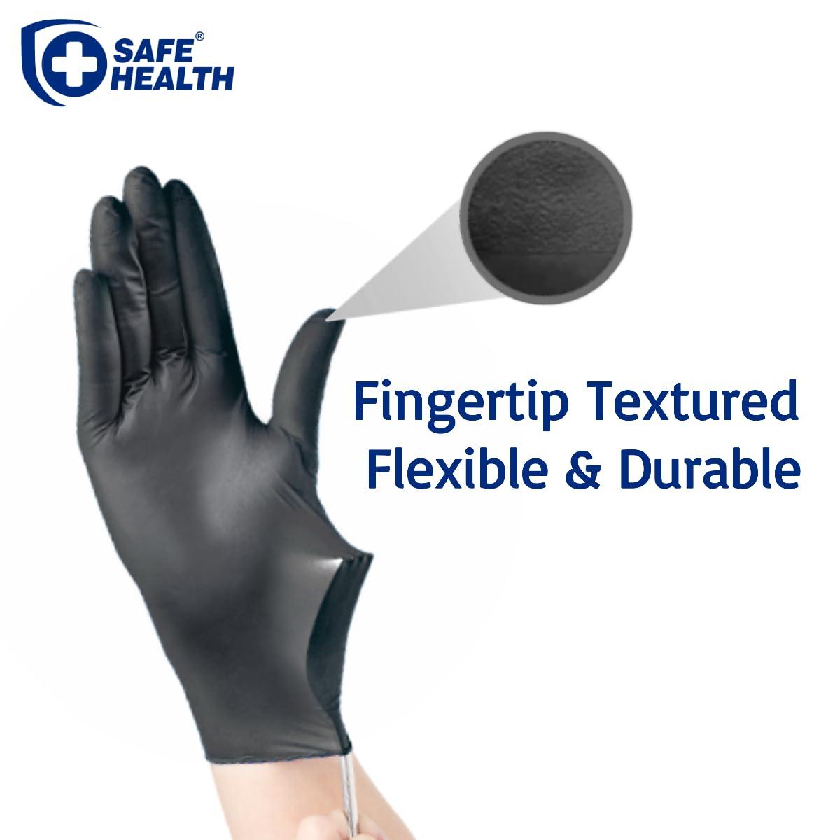 Safe Health Safe Health Nitrile Black Disposable Gloves, Latex Free, Powder Free, Box of 100, XS, Textured, 3.5 mil, Industrial, Tattoo, Salon, Hair, Auto, Car, Cleaning, Food, Cooking