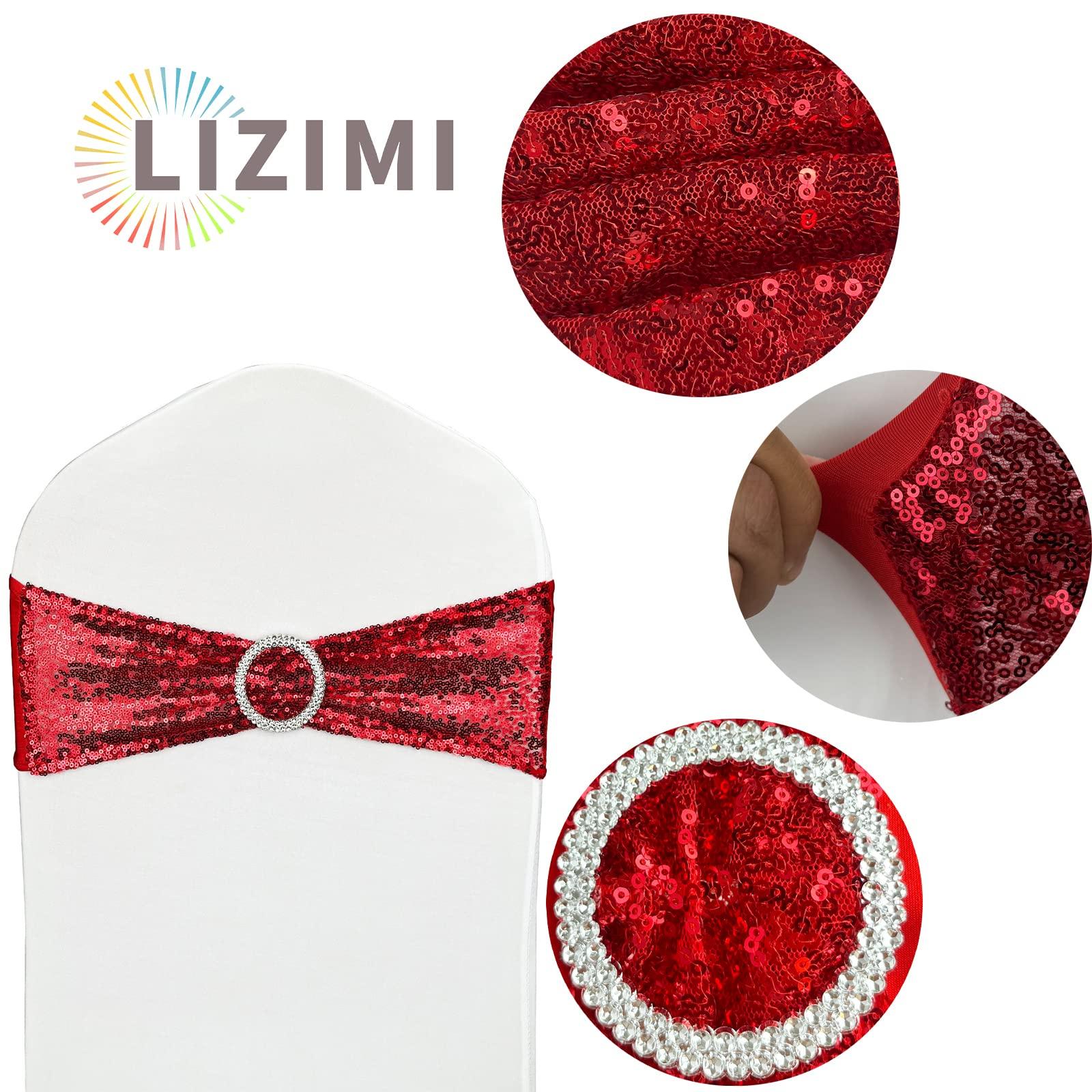 LIZIMI LIZIMI 100 Pcs Sequin Chair Sashes Stretch Chair Bands Spandex Polyester Bows for Party Hotel Wedding Banquets Decoration - Red