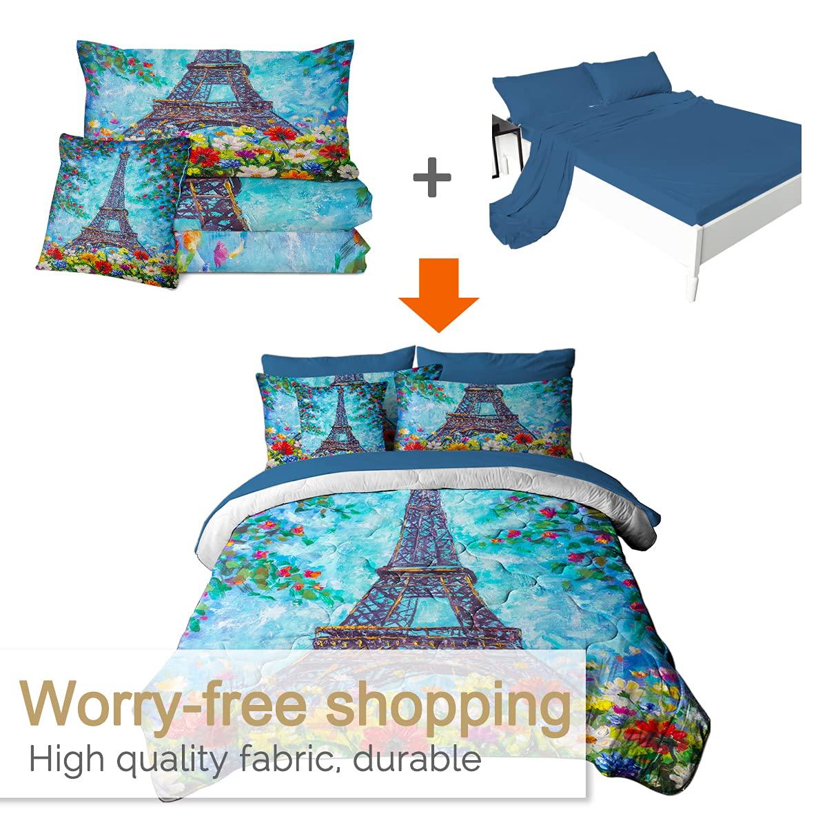 BlessLiving BlessLiving Eiffel Tower Comforter Set Bed in A Bag - Retro Blue, Paris Spring Flowers Oil Painting 8 Pieces Bedding Sets Ultra Soft Microfiber Bedroom Comforters with Sheets and Shams (Queen)