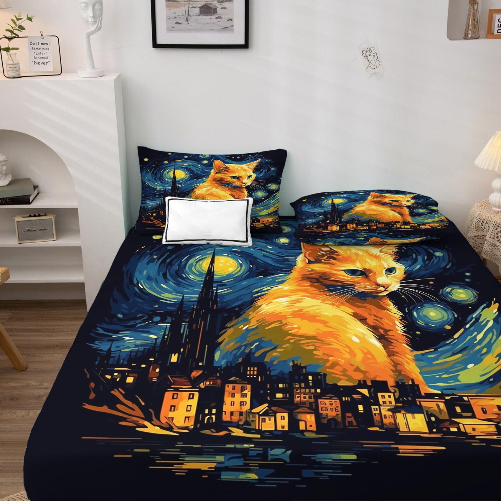 zcsm Cat Sheets California King Sheet Sets - Impressionist Oil Painting Bed Sheets, Soft Microfiber & Deep Pocket & Wrinkle Free Bedding Sheets & Pillowcases, 1 Fitted Sheet, 1 Flat Sheet, 2 Pillow Cases