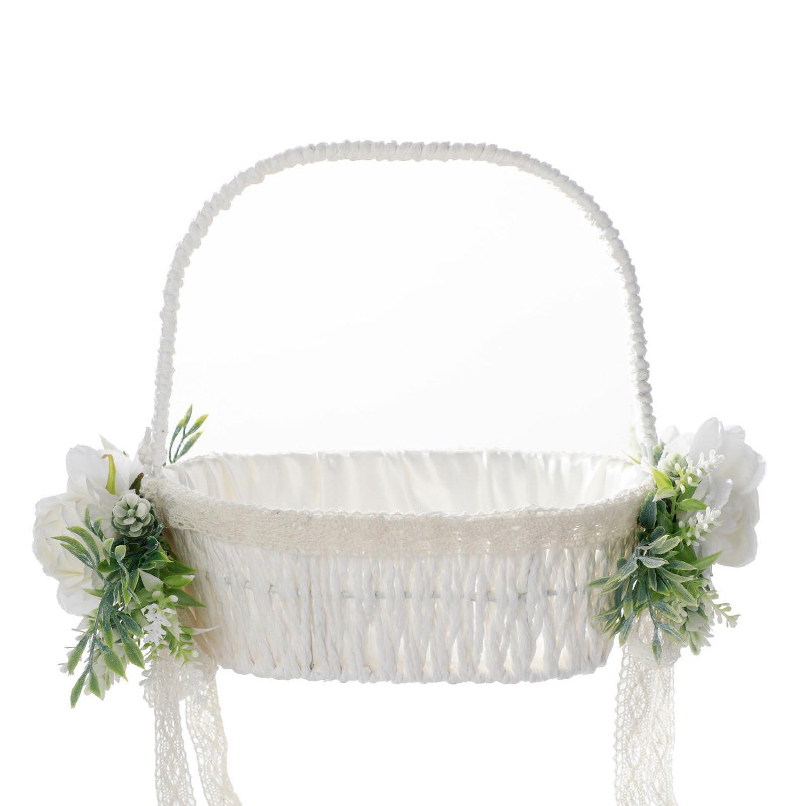MEUMITY MEUMITY 2Pcs Flower Girl Basket Handmade Rattan Basket with Handle Flower Girl Baskets for Weddings Foldable Handle and Artificial Stain Flower Basket for Wedding Ceremony Party Decoration