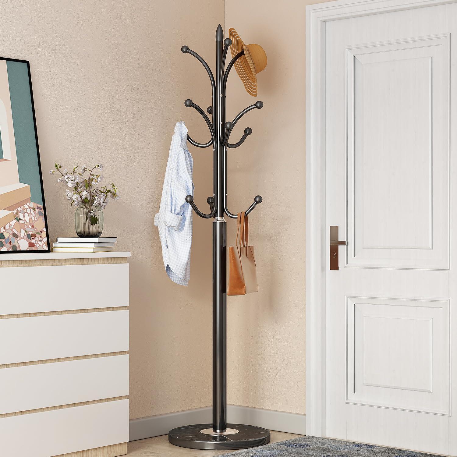 GAMNOF GAMNOF Black Coat Rack Freestanding, Metal Coat Rack Coat Hanger Stand, Entryway Tree Coat Rack Stand, High-grade Hat Tree with 12 Hooks & Natural Marble Base