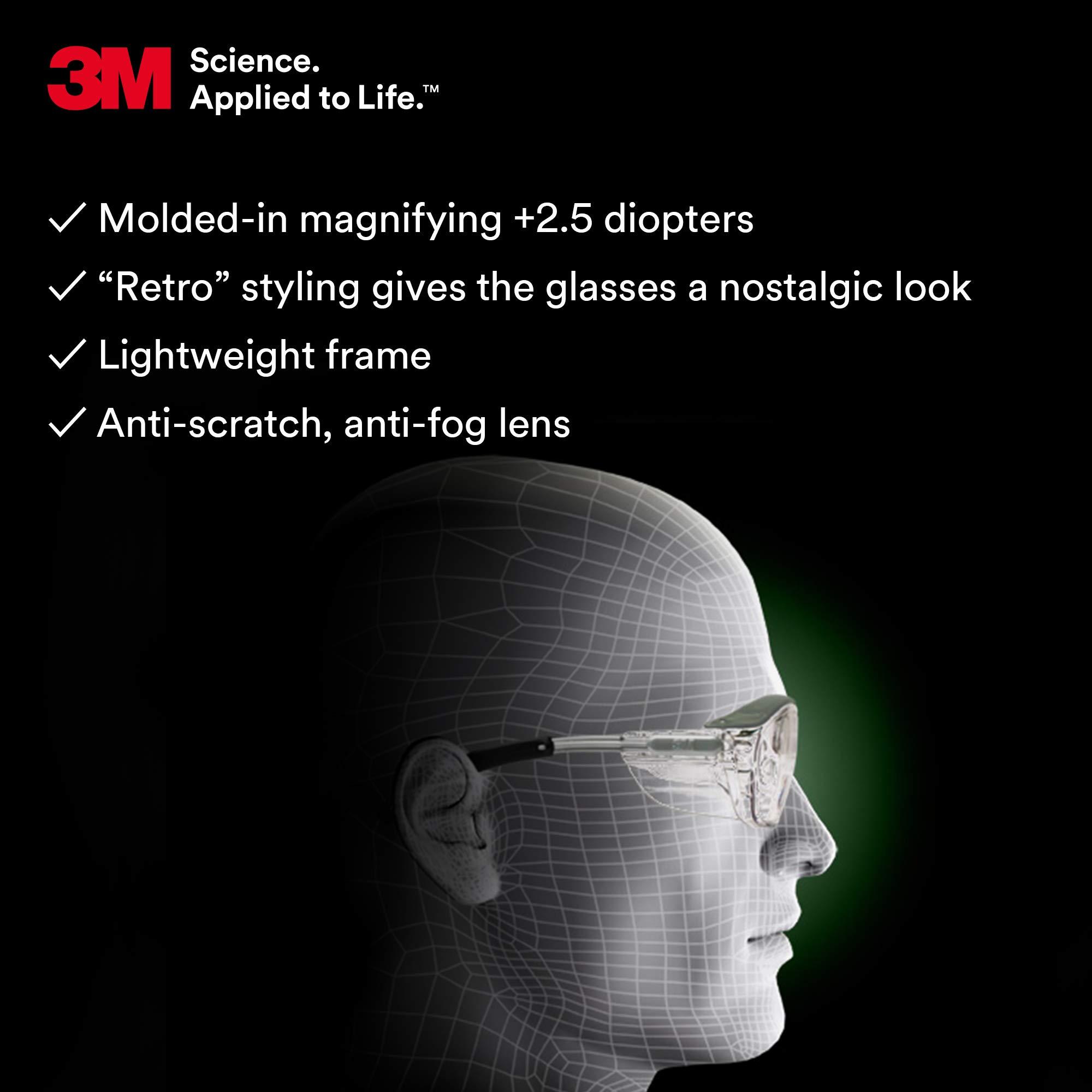 3M 3M Safety Glasses with Readers, Nuvo Protective Eyewear, +2.5 Diopter, ANSI Z87, Gray Frame, Clear Lens, Soft Nose Bridge, Side Shields