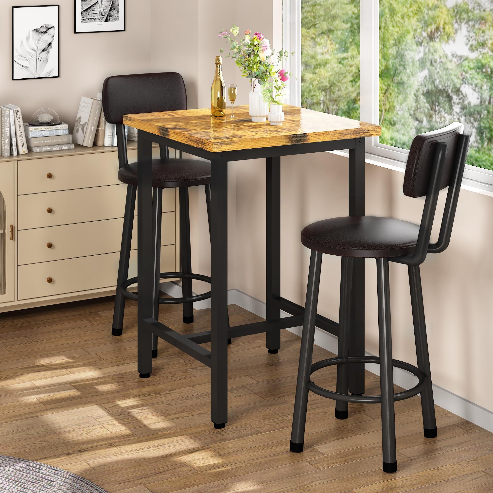 Recaceik Recaceik 3 Piece Pub Dining Set, Modern bar Table and Stools for 2 Kitchen Counter Height Wood Top Bistro Easy Assemble for Breakfast Nook Living Room Small Space Restaurant, Rustic Brown 24