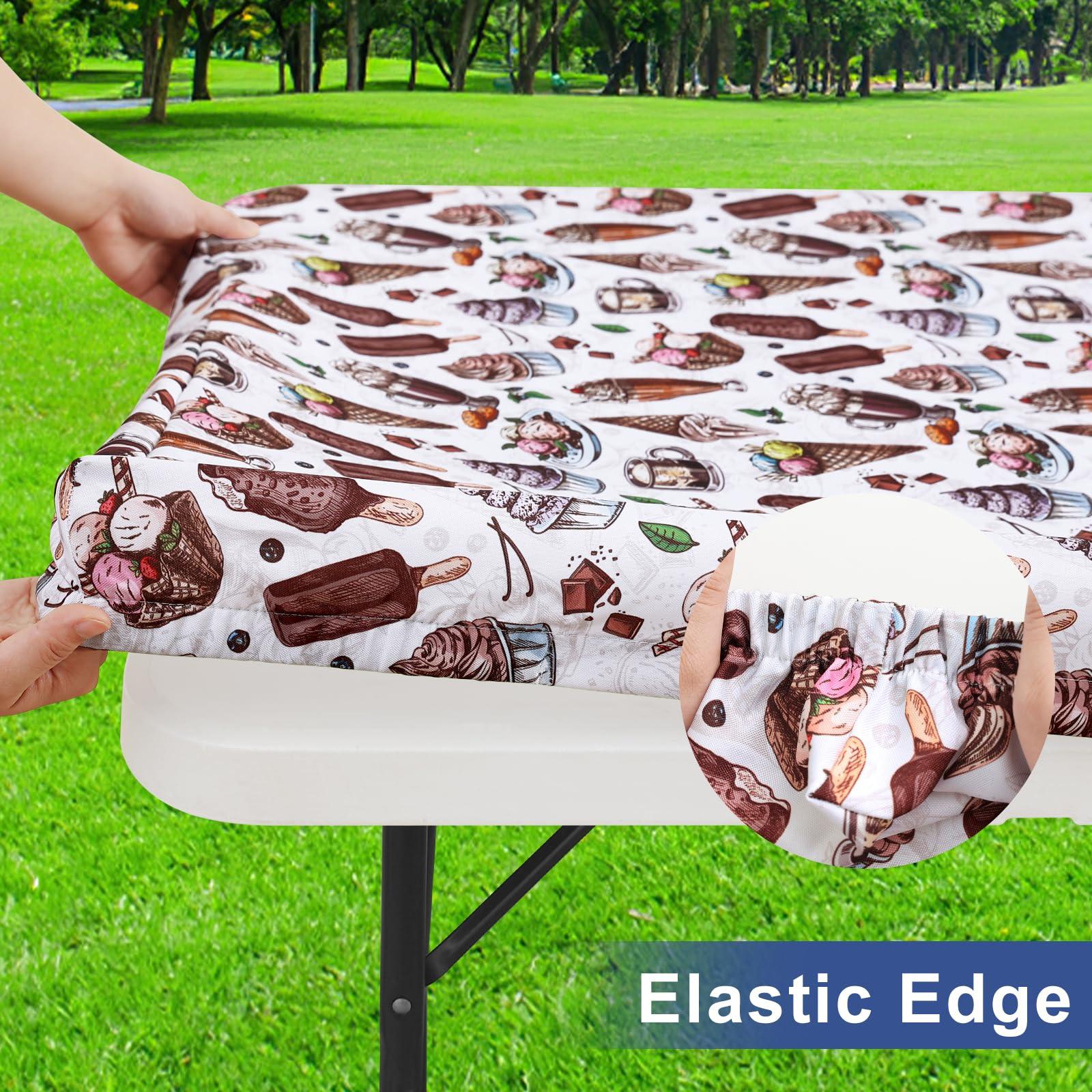 homing homing Rectangle Printed Fabric Tablecloth, Elastic Fitted Table Cloth for 6 Foot Table, Washable Polyester Table Cover for Outdoor, Picnic, Camping and Indoor, (Ice Cream, 30\" x 72\")