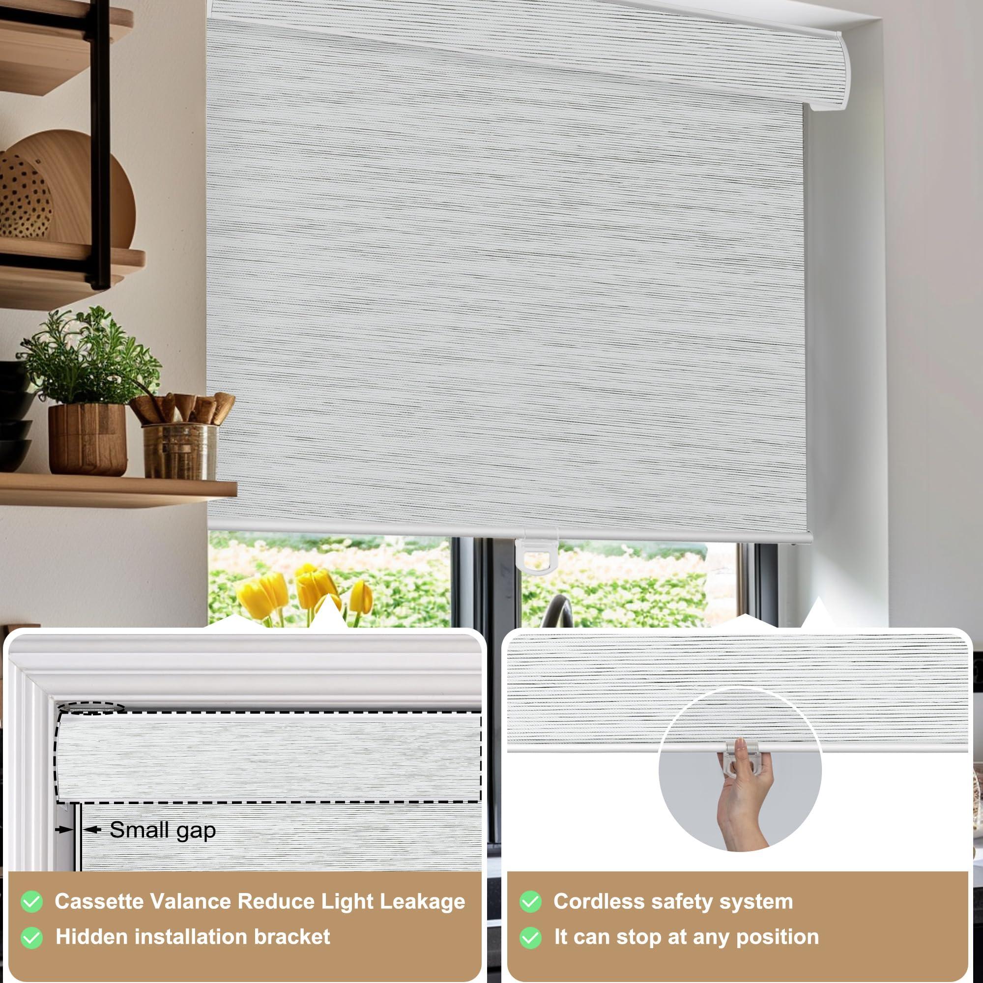 PQRSHADE PQRSHADE 100% Blackout Window Shades Pull Down for Indoor, Custom Room Darkening Striped Jacquard Fabric Roller Window up and Down Blinds with Thermal Insulated Easy to Install(30.5"W x 96"H)S-White