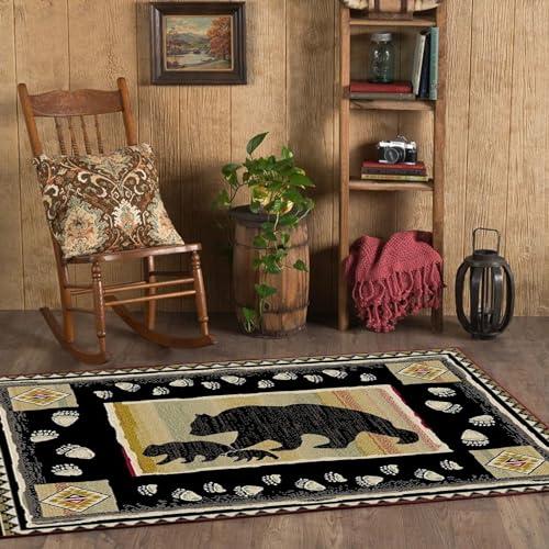 TuLdys TuLdys Rustic Cabin or Lodge Theme Rug, 3x5ft/36x60in, Bear and Cub Design with Trees in Background and Bear Track Patterned Edges Imitation Cashmere Area Rugs with 4 Pcs Carpet Gripper