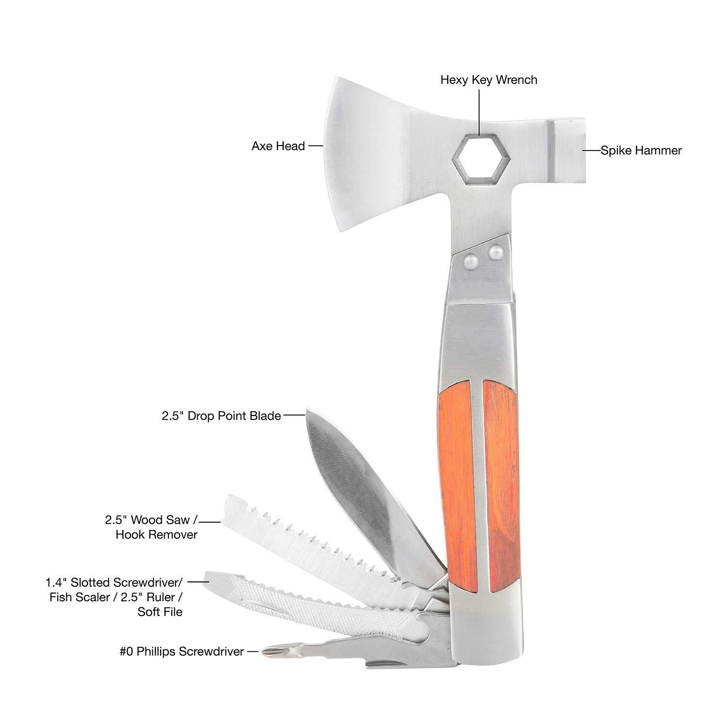 Sheffield Sheffield 12301 Axe Multi Tool, 12-in-1 Camping Knives & Tools, Utility Tool Double Axe Head, Camping Tool, Stainless Steel Knife Multitool