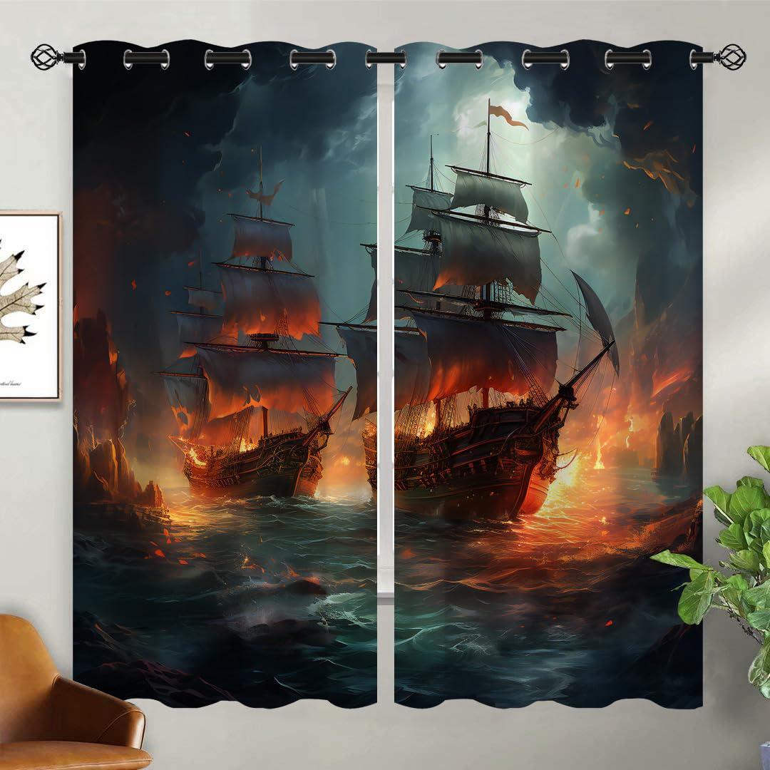 ONINUO ONINUO Nautical Pirate Ship Blackout Curtains for Girls Boy Home Decor, Ocean Sailing Adventure Grommet Thermal Insulated Drapes Darkening Window Curtain for Bedroom Living Room, 63 x 63 Inch