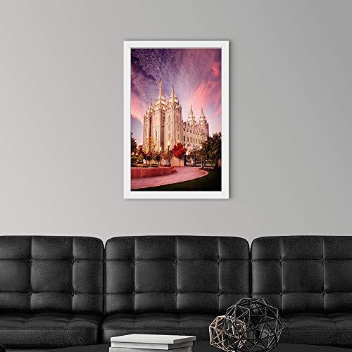 CANVAS ON DEMAND Salt Lake Temple, Pink Sunrise, Salt White Framed Art Print, Utah Artwork