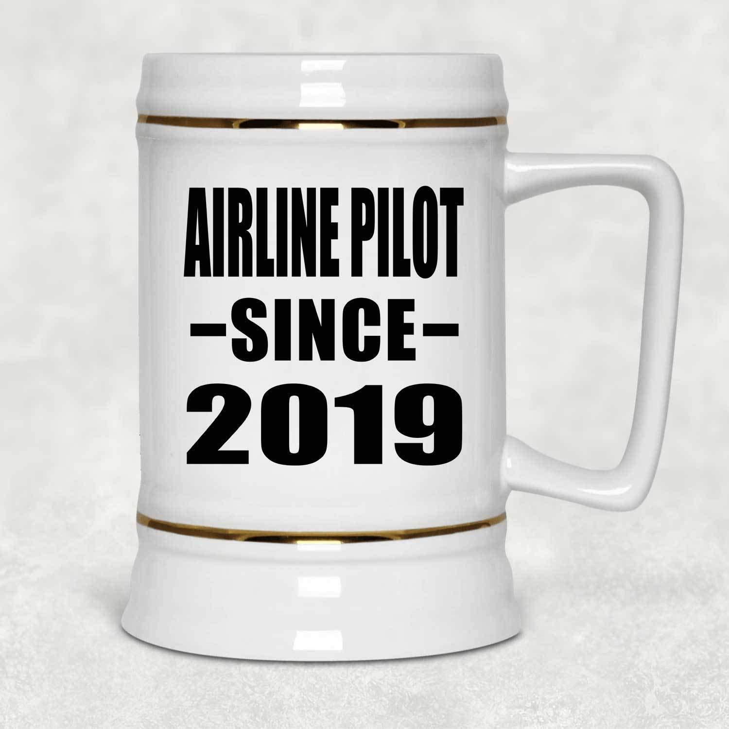 Designsify Designsify Gifts, Airline Pilot Since 2019, 22oz Beer Stein Ceramic Tankard Mug with Handle for Freezer, for Birthday Anniversary Mom Dad Parents Fathers Mothers Day Party, to Men Women Him Her