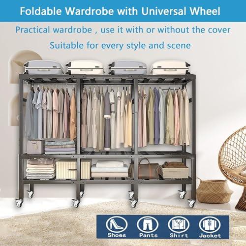 ZAIHW Garment Rack Walk In Closet Organizer Heavy Duty Clothes Rack Closet System with 3 Hanging Rods, 8 Wheels, 1600 LBS Load Capacity for Wardrobe, Freestanding Bedroom Armoire (215cm/84.6in)