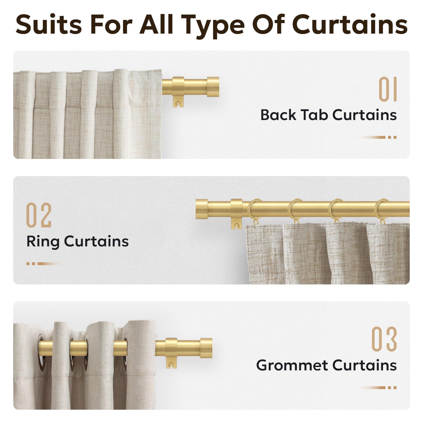 zeerobee Zeerobee Curtain Rods for Windows 32 to 72, 1 Inch Heavy Duty Drapery Rods with Adjustable Length, Outdoor Modern Curtain Pole with Simple End Caps, 32"-72", Brushed Gold