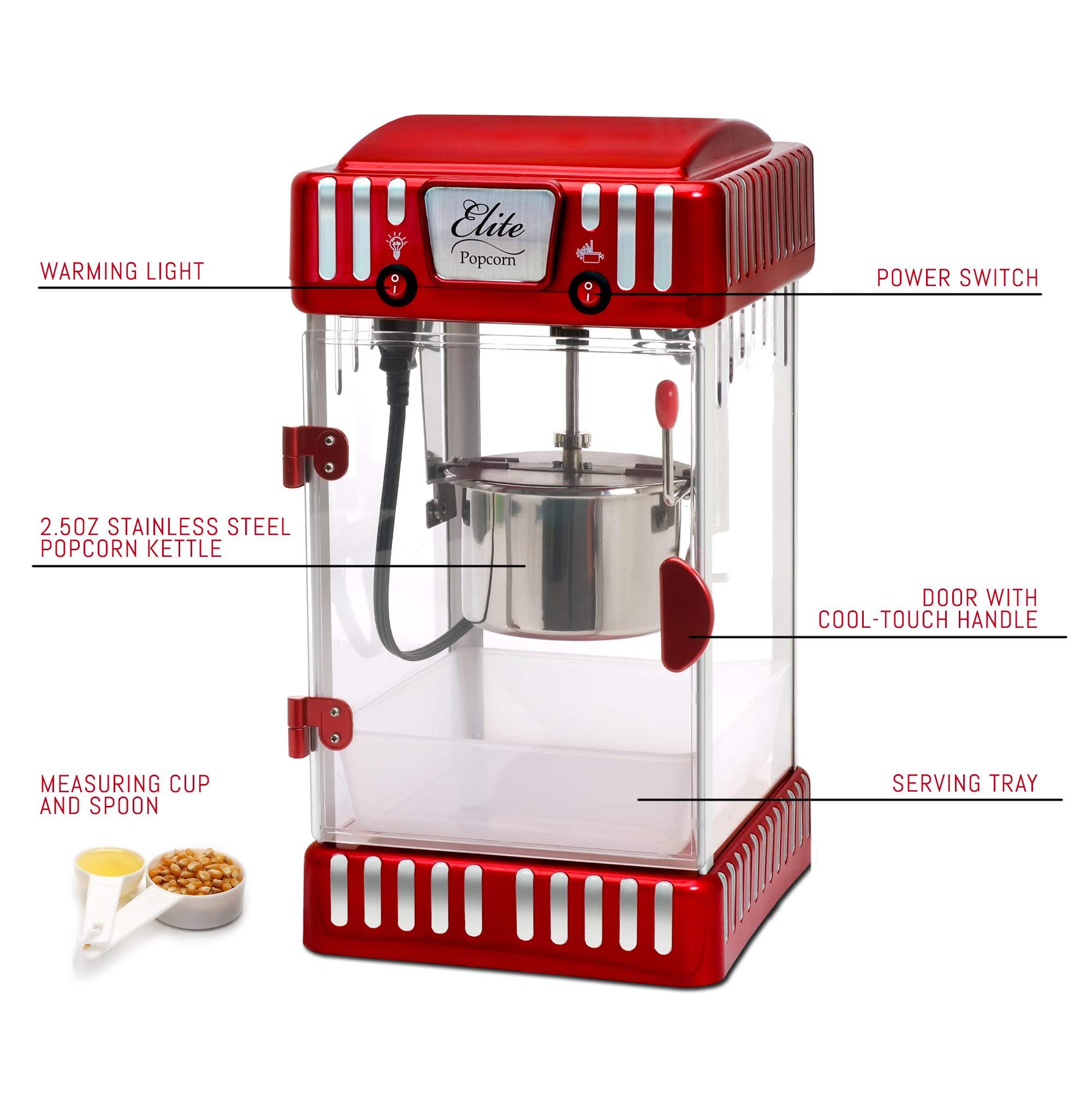 Elite Gourmet Elite Gourmet EPM-250 Maxi-Matic 2.5 Ounce Classic Carnival, Tabletop Kettle Popcorn Popper Machine, Retro-Style, Movie Hot Buttered Popcorn, Red