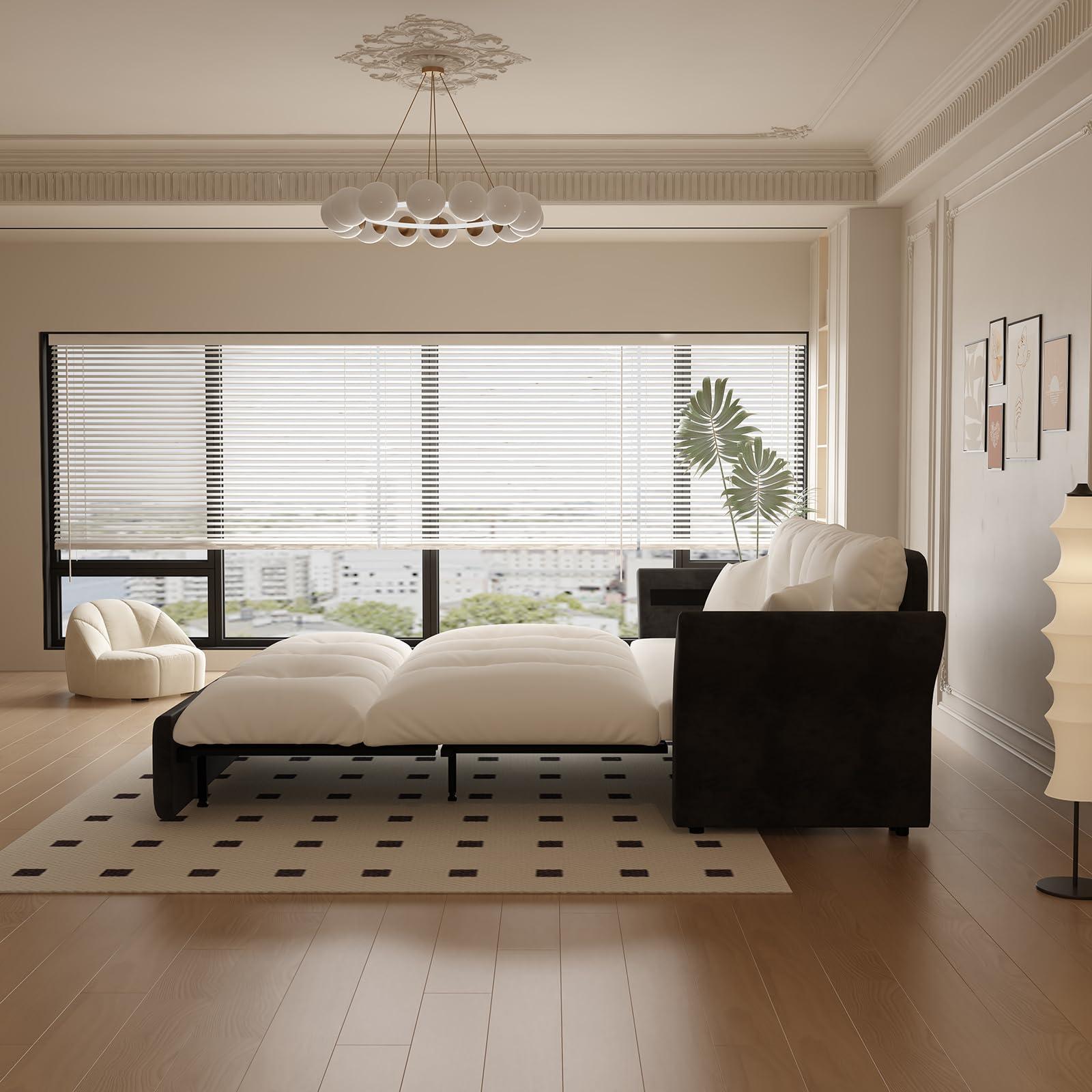 CAPCAEK CAPCAEK 74.8" Queen Pull Out Sofa Bed, Luxury Velvet Convertible Sleeper Couch Futon, Comfy Cloud Pullout Couches,Loveseat Recliner for Living Room Office RV Small Places (Beige, 74.8'')