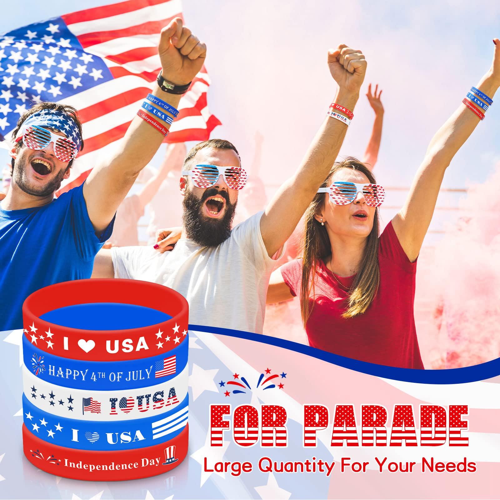 Estune Estune 100 Pcs 4th of July Party Favors 50 Patriotic Shutter Glasses Bulk 50 American Flag Silicone Bracelets Patriotic Party Favors for Independence Day Fourth of July Party