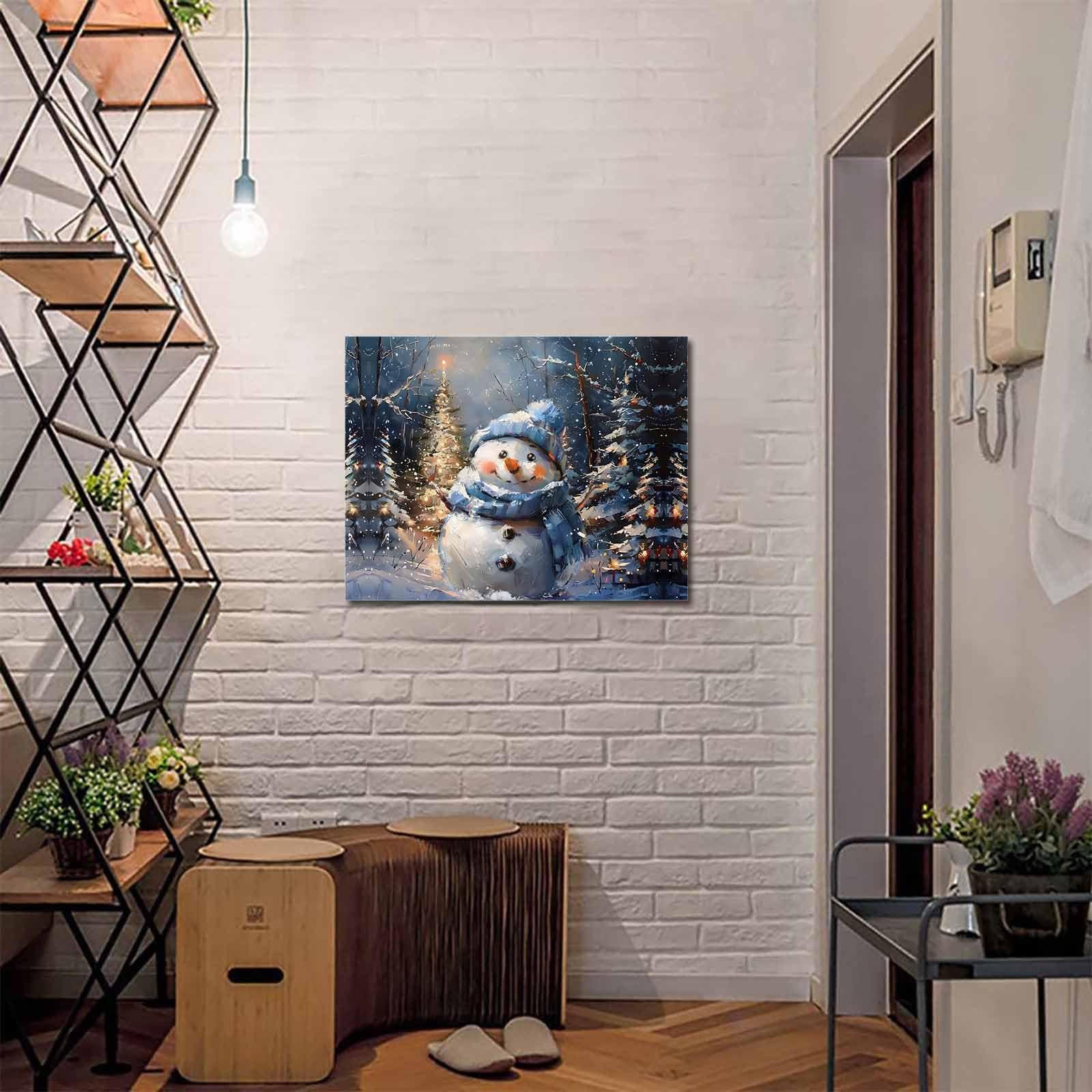 Shine-Home Shine-Home Blue Snowman Wall Art for Living Room/Bedroom, Christmas Tree Shabby Chic Forest Painting Canvas Bathroom Decor Wall Art Kitchen Office Framed Wood Oil Painting Picture, 20\"x24\"