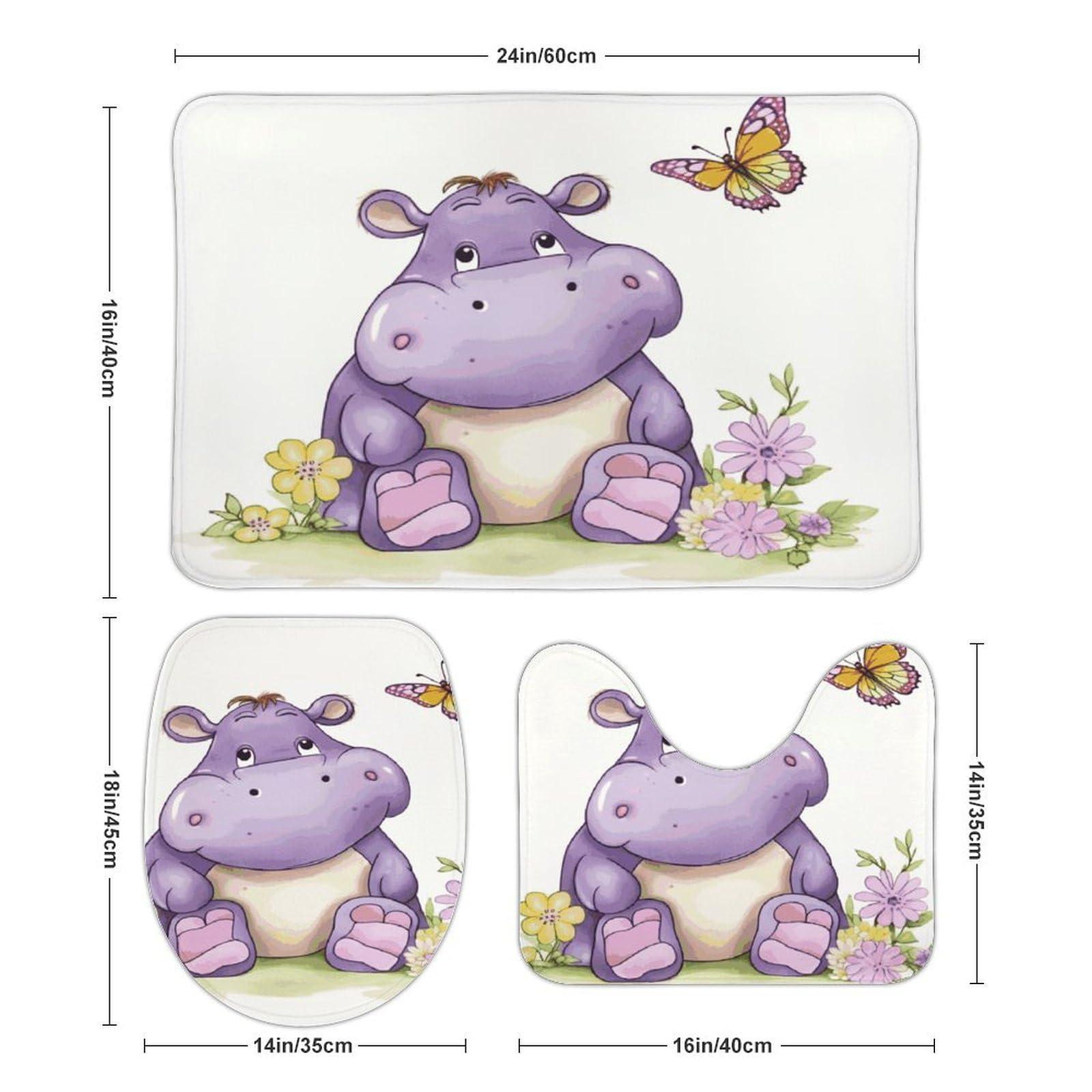 SLKFJEWT Bathroom Rug Butterfly and Hippo 3 Pieces Bathroom Rugs Bath Set Non-Slip Ultra Soft Carpet Mats Absorbent with U-Shaped Toilet for Toilet Bath Mat Set