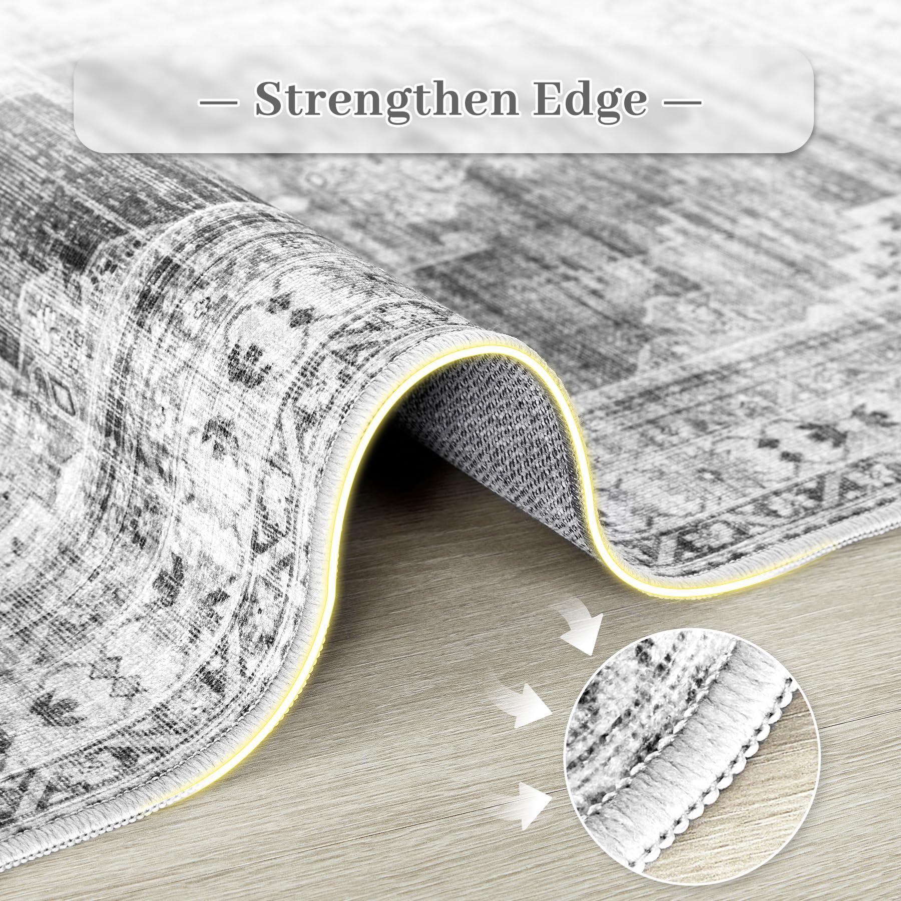 Zomfy Boho Area Rug 9x12 Large Rug: Washable Non-Slip Rugs Chenille Print Rug Soft Low-Pile Indoor Vintage Carpet for Living Room Bedroom Dining Table Kitchen Home Office(Grey, 9'x12')