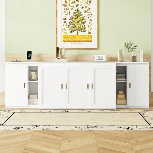 Ball & Cast Ball & Cast Full Size Murphy Bed Chest,Cabinet Hideaway Platform Bedframe with Shelves and USB Ports,Wood Furniture can be Folded,Easy Assembly,Platform Bedframe for Kids Bedroom,Student Dorms,White