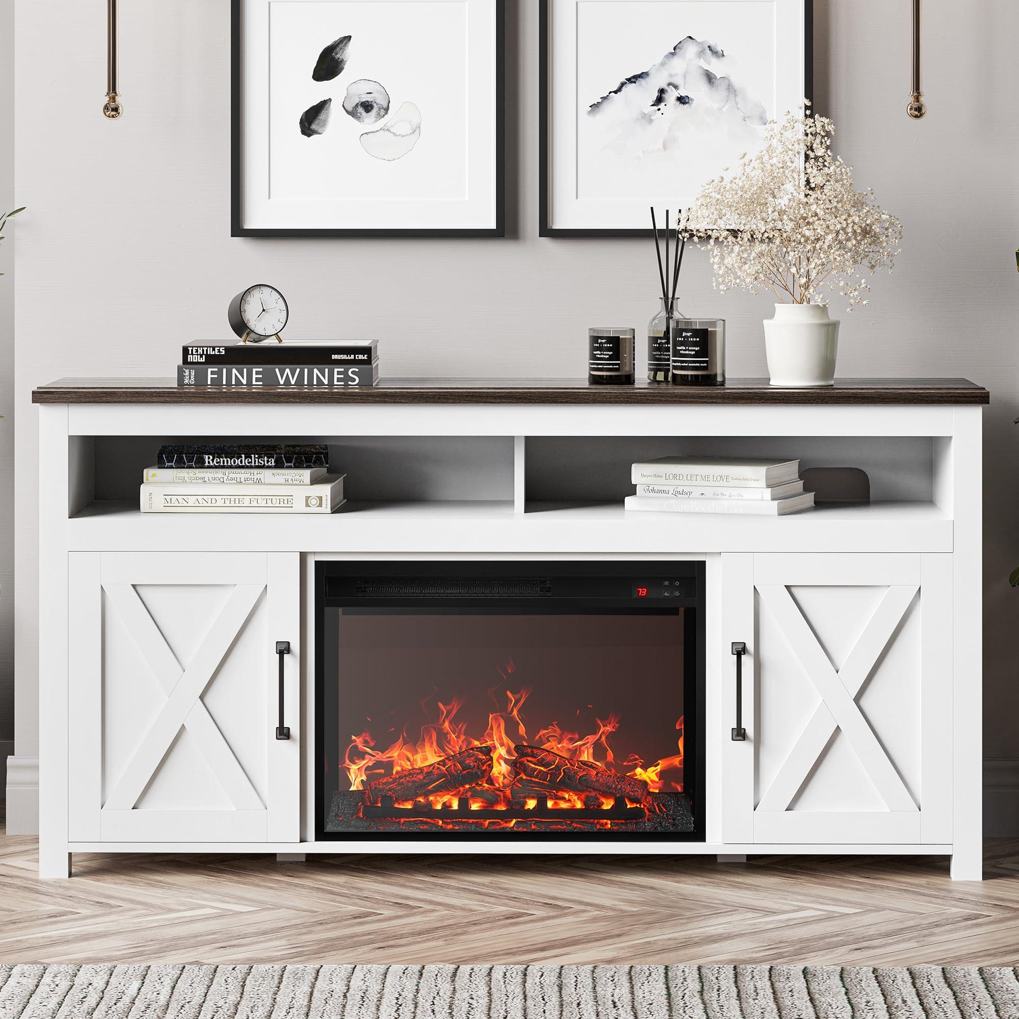 BELLEZE BELLEZE 58" Farmhouse Fireplace TV Stand for TVs up to 65", 23" Electric Fireplace Heater with Sound, Entertainment Center Media Console Table Barn Door Storage Cabinets for Living Room - White