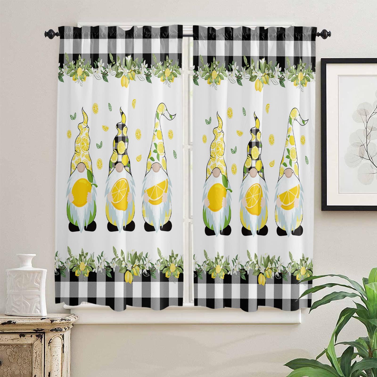 Jolunifun Kitchen Curtain 63 Inch Length, Summer Lemon Gnomes Farm Buffalo Check Border Window Curtains and Drapes for Cafe/Living Room, , 2 Panel Window Treatment Rod Pocket Drapery Panels Curtains 84x63