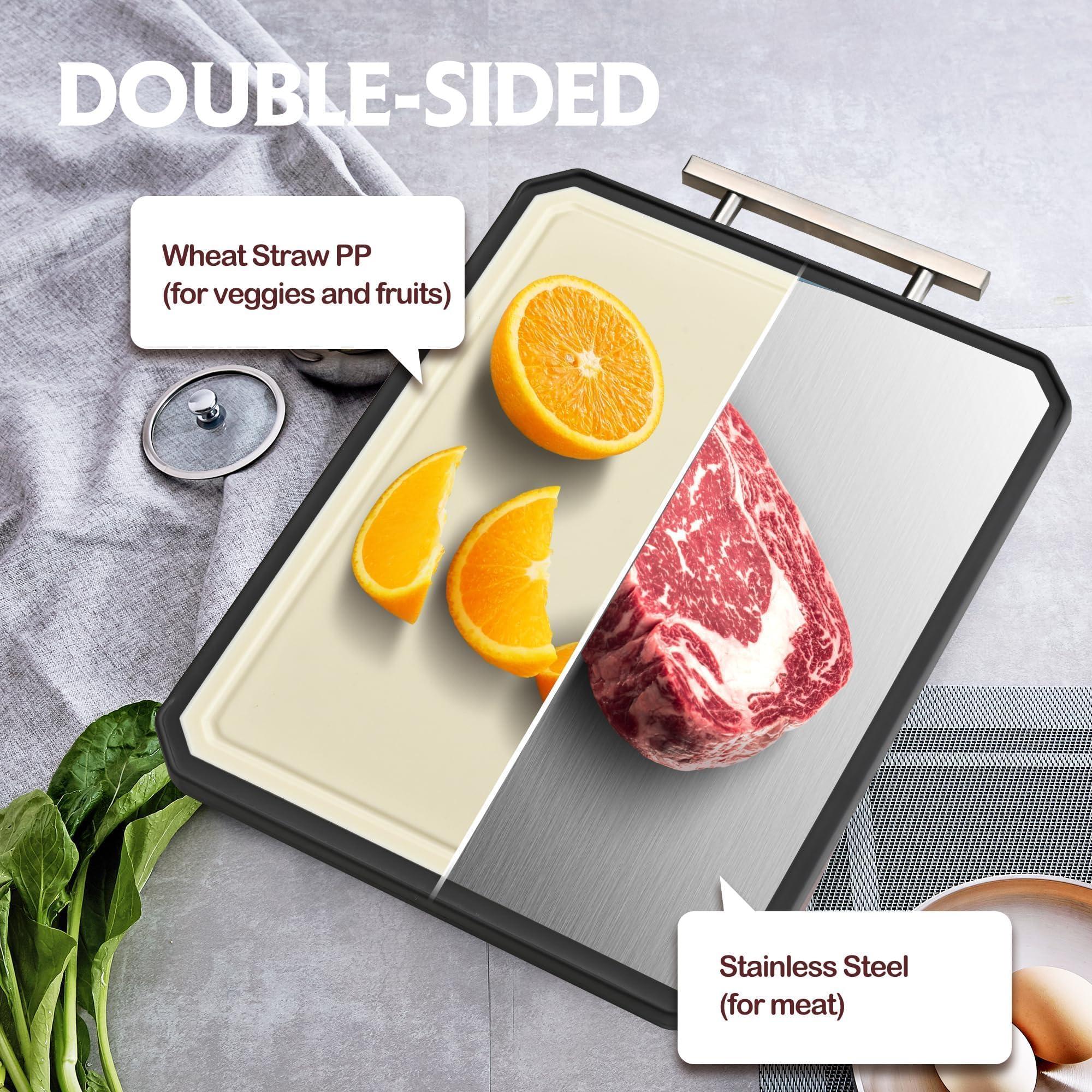 KLAPOLA SNOWCLAD Stainless Steel Cutting Board,Double Sided Steel Cutting Board for kitchen,Stainless Steel/Wheat straw pp Large Cutting Board for meat,Dishwasher Safe,non toxic Chopping Board,16 * 12 Inch