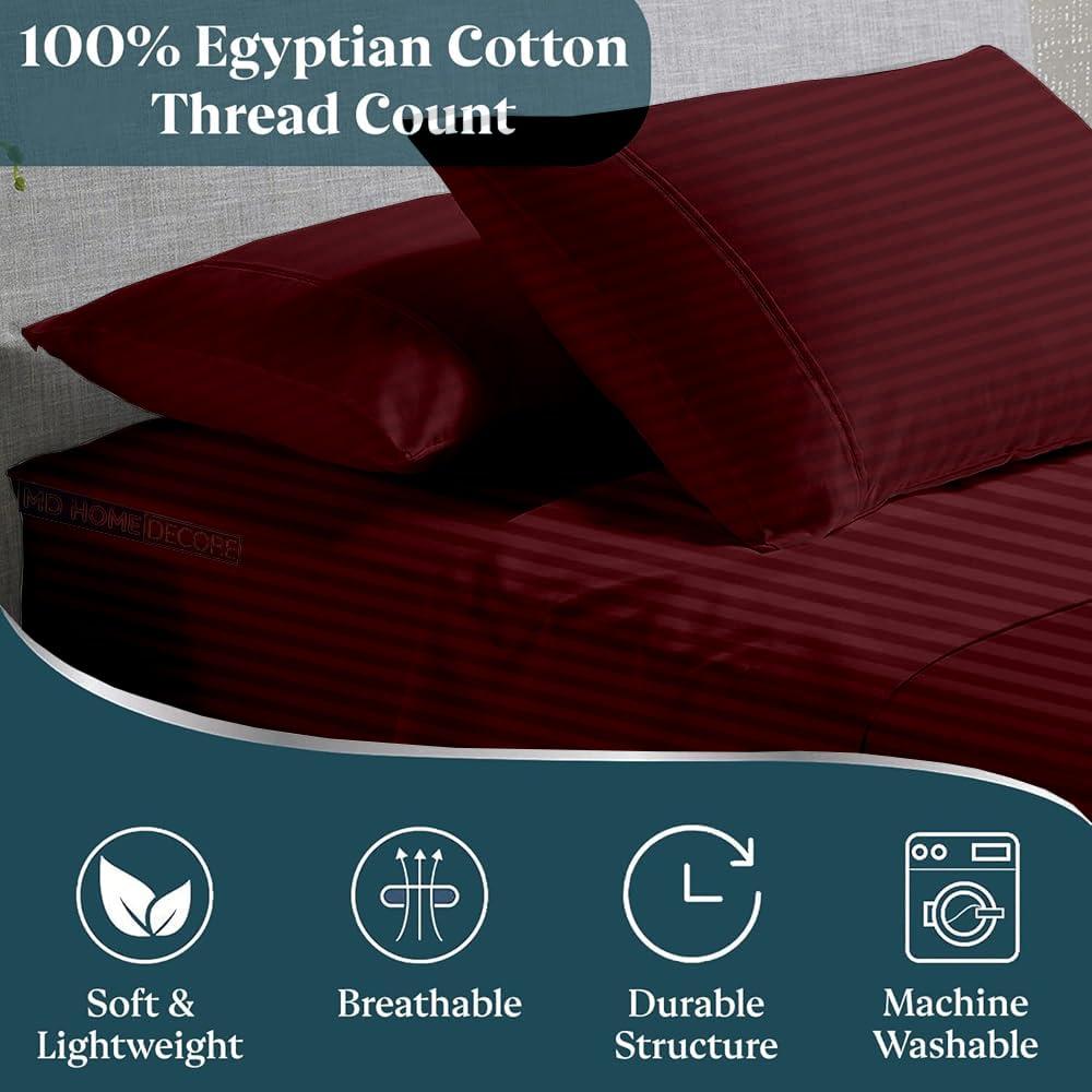 MD Home Decore Egyptian Cotton Split Queen Sheet Set - 7 Piece Set - Burgundy Stripe Sheets - Extra Deep Pockets - Adjustable Bed Compatible