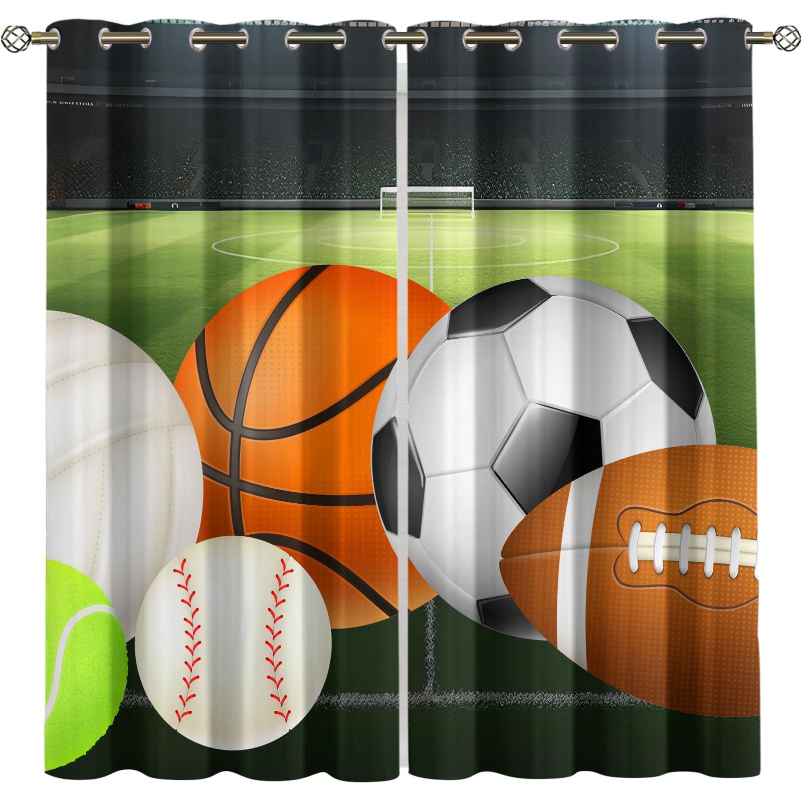 CTTELUN Basketball Football Baseball Window Curtains, Green Court Sports Darkening Grommet Drapes, Thermal Insulated Room Darkening Window Treatments for Boys Room Playroom Nursery 39.5"W x 63"L x 2 Panels