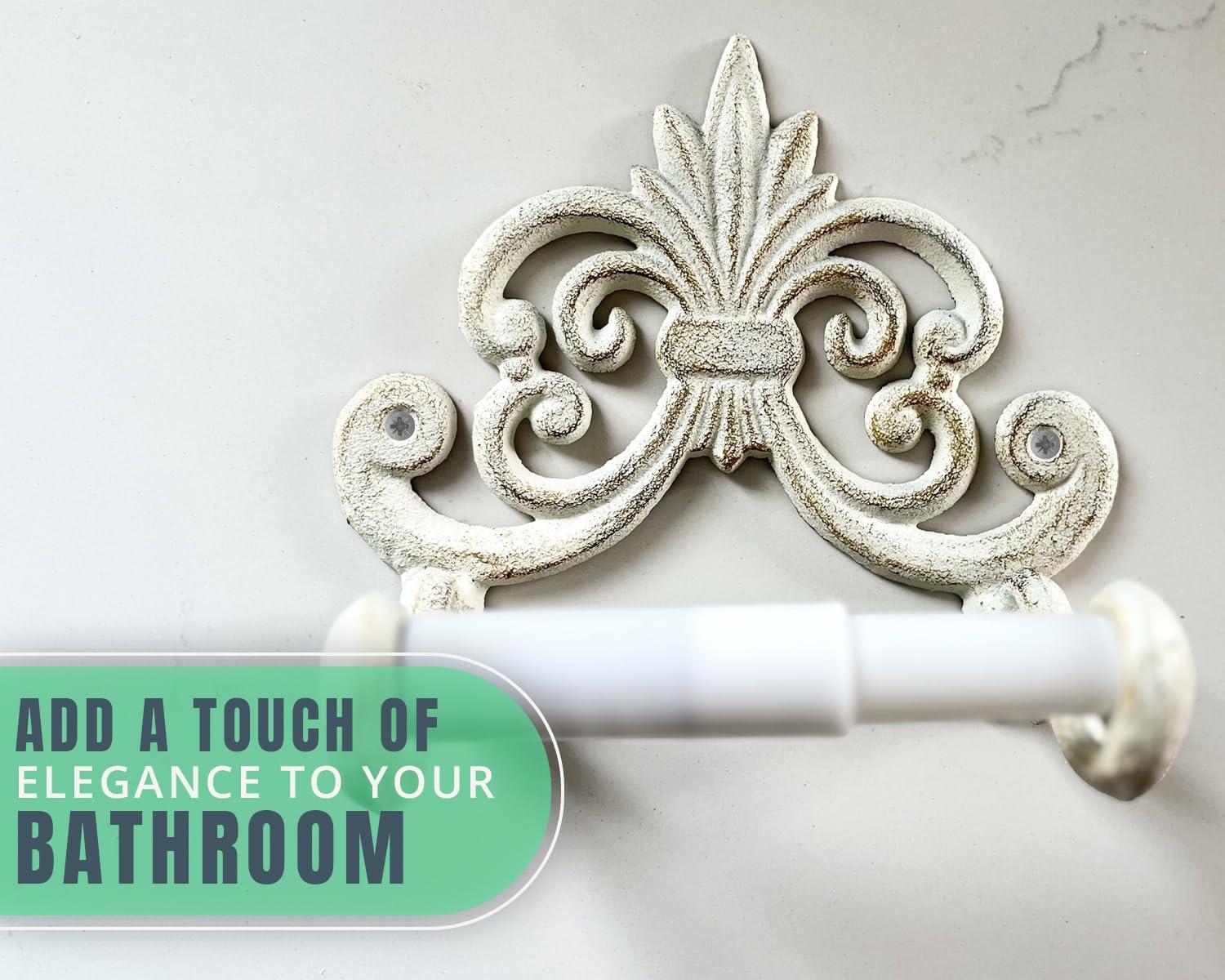 Comfify Decorative Cast Iron Fleur De Lis Toilet Paper Roll Holder - Wall Mounted, Antique White, Vintage Rustic Design - Bathroom Accessory with Easy Installation - Included Screws and Anchors