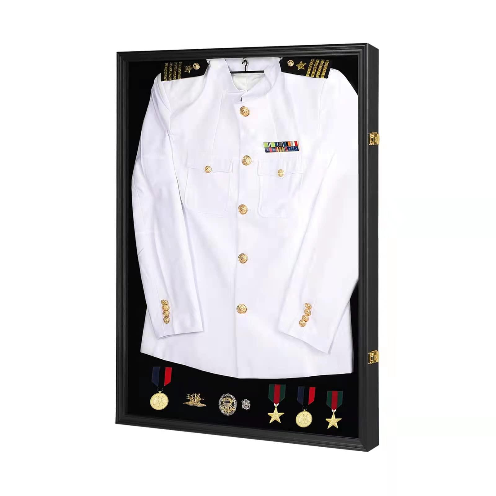 IHEIPYE Iheipye Military Uniform Shadow Box - Police Uniform Display Case - Jacket Display Box with 98% Uv Protection Acrylic and Hanger for Navy Police Officer Uniform Jacket XXL Sport Shirt, Black