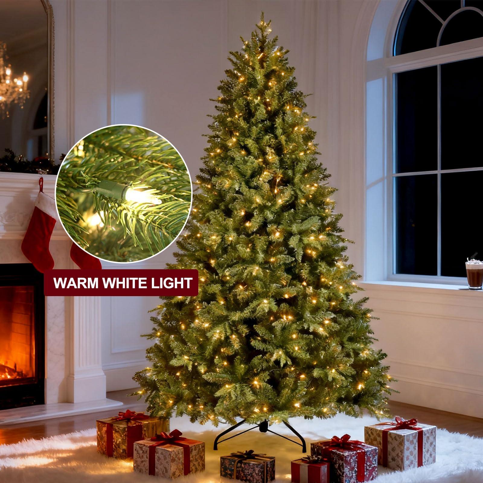 Treepool Treepool 9FT Pre-Lit Artificial Christmas Tree with 3658 PE&PVC Mixed Branch Tips, 850 Warm White Lights, Hinged Premium Spruce Fake Xmas Trees, Green, Foldable Base