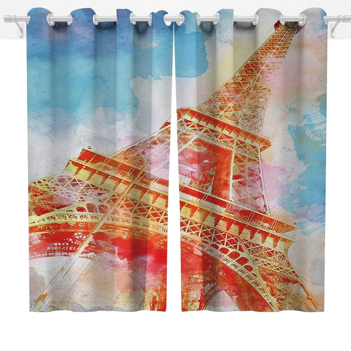 NEW-TWO Eiffel Tower Farmhouse Curtains for Living Room 2 Panels Yellow Blue Red Soundproof Curtains Long Length Width Drop (W) 72 X (H) 72 Inches