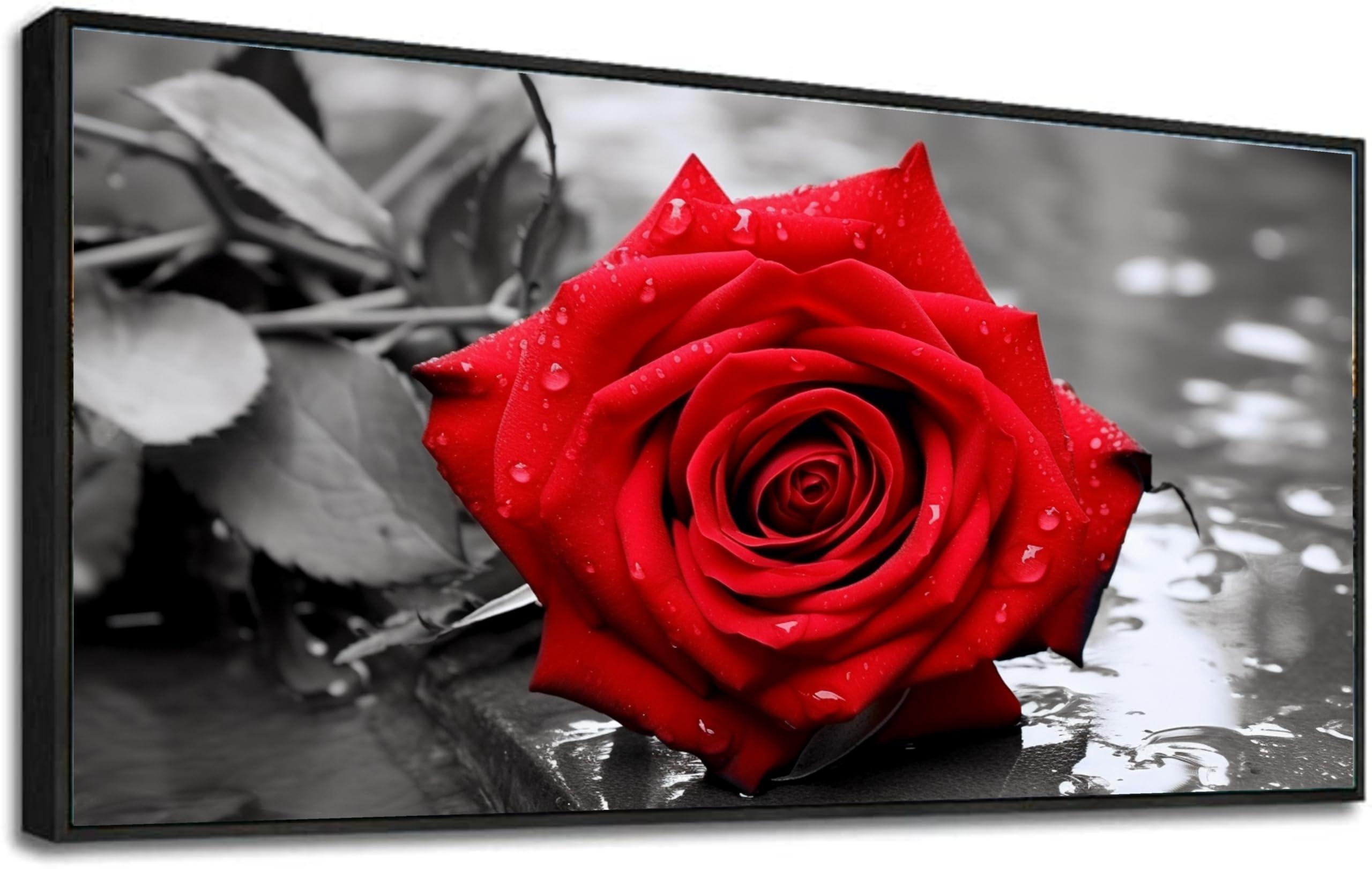 Feuwile Feuwile Red Roses Canvas Wall Art,Red Rose in Black And White Grayscale StyleCanvas Wall Art for Living Room Bedroom,Office(Gold Metal Frame 47" W x 23" H/120x60cm)