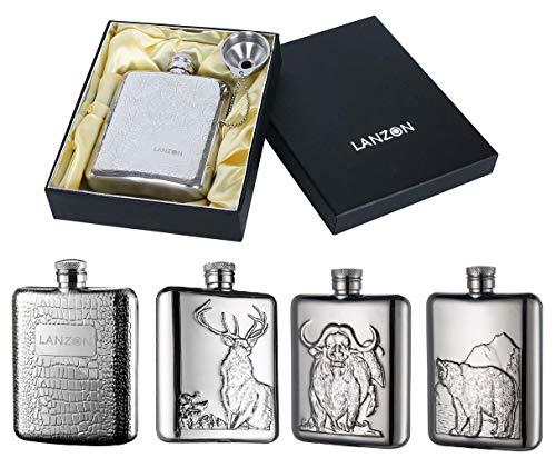 LANZON LANZON Hip Flask with Funnel, All 18/8 304 Food Grade Stainless Steel Curved Pocket Flask for Liquor | 6 OZ Capacity | Gift Boxed (Cobblestones Pattern)