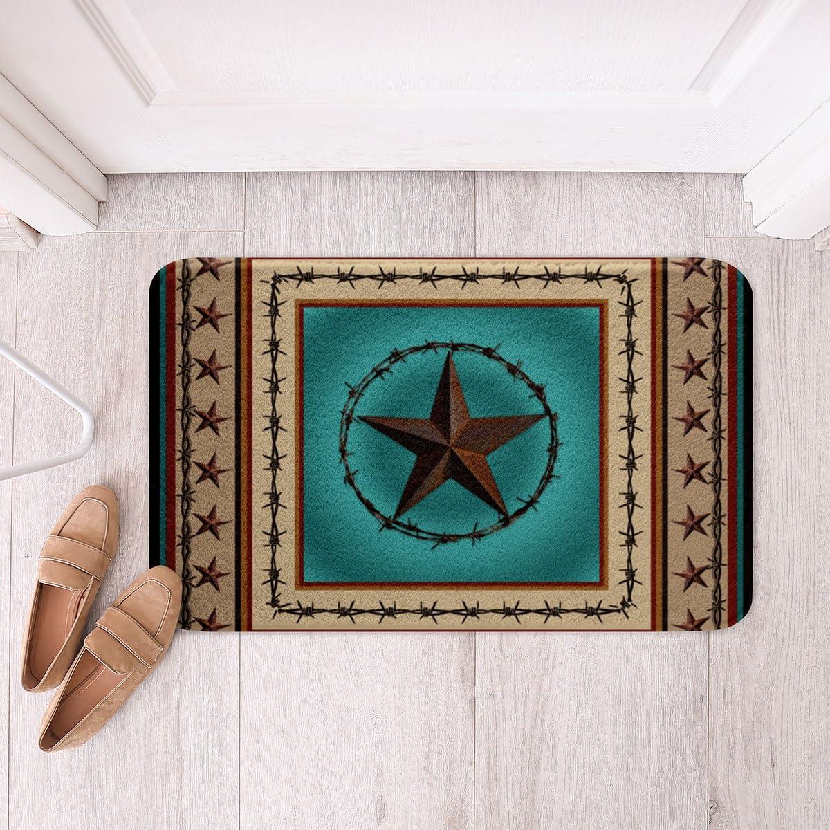 Homewish Western Texas Star Kids Bath Mats,Cowboy Rustic Farmhouse Mats Rugs,Boys Girls Adults Home Decor,Geometric Stripes Patchwork Bath Carpets,Brown Retro Bath Rugs,Absorbent Floor Mats,16Wx24L Inches
