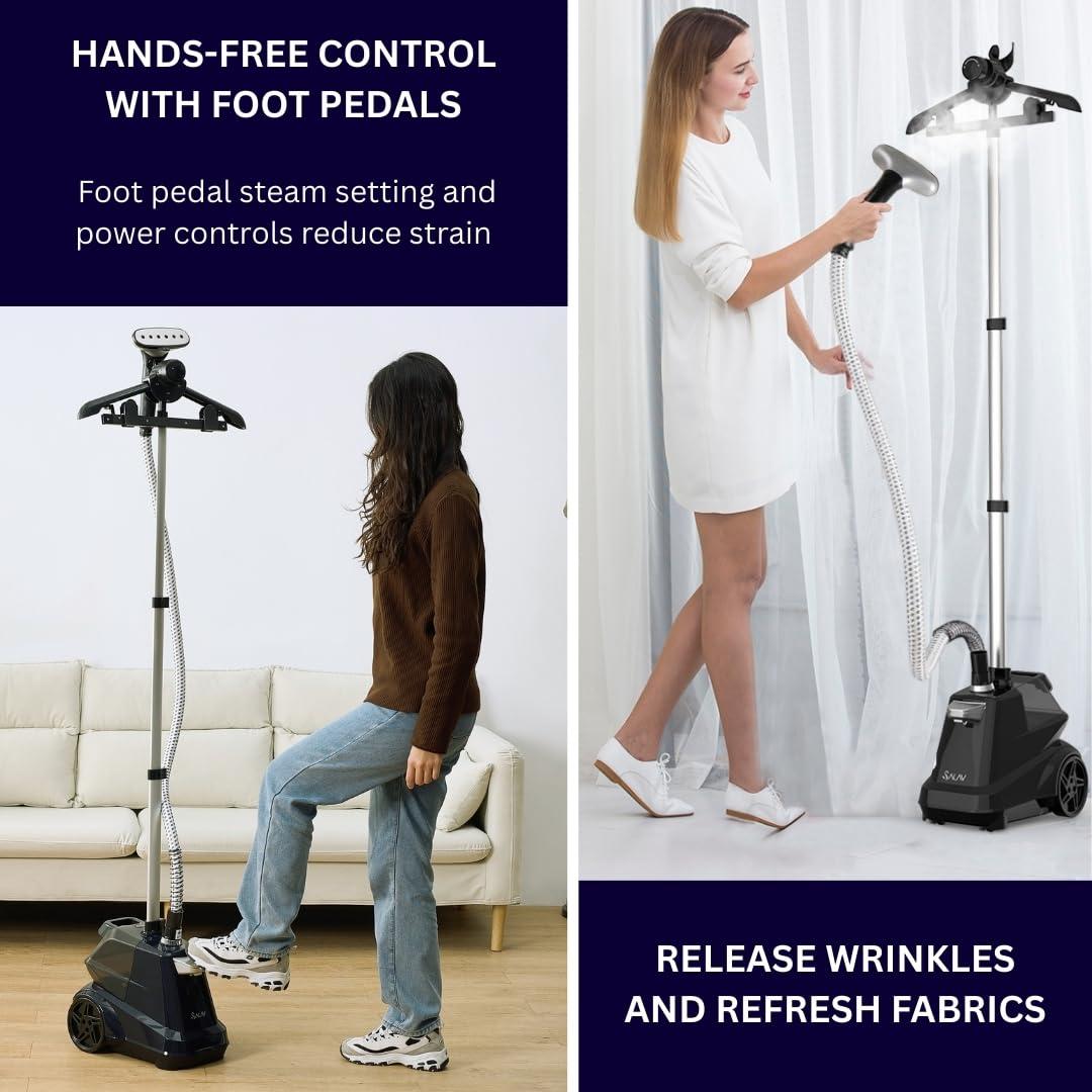 SALAV SALAV Heavy Duty Commercial Full-Size Garment Steamer with Foot Pedals and Extra Large 3L (101.5 oz) Water Tank, 1800 watts of Poweful Steam (Navy)