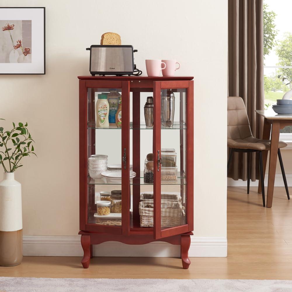 OCACA OCACA 2 Doors Curio Cabinet with Tempered Glass Doors, Curio Cabinets with Mirrored Back Panel and Adjustable Shelves, Lighted Display Cabinet for Home, Office Light Bulb Included Cherry