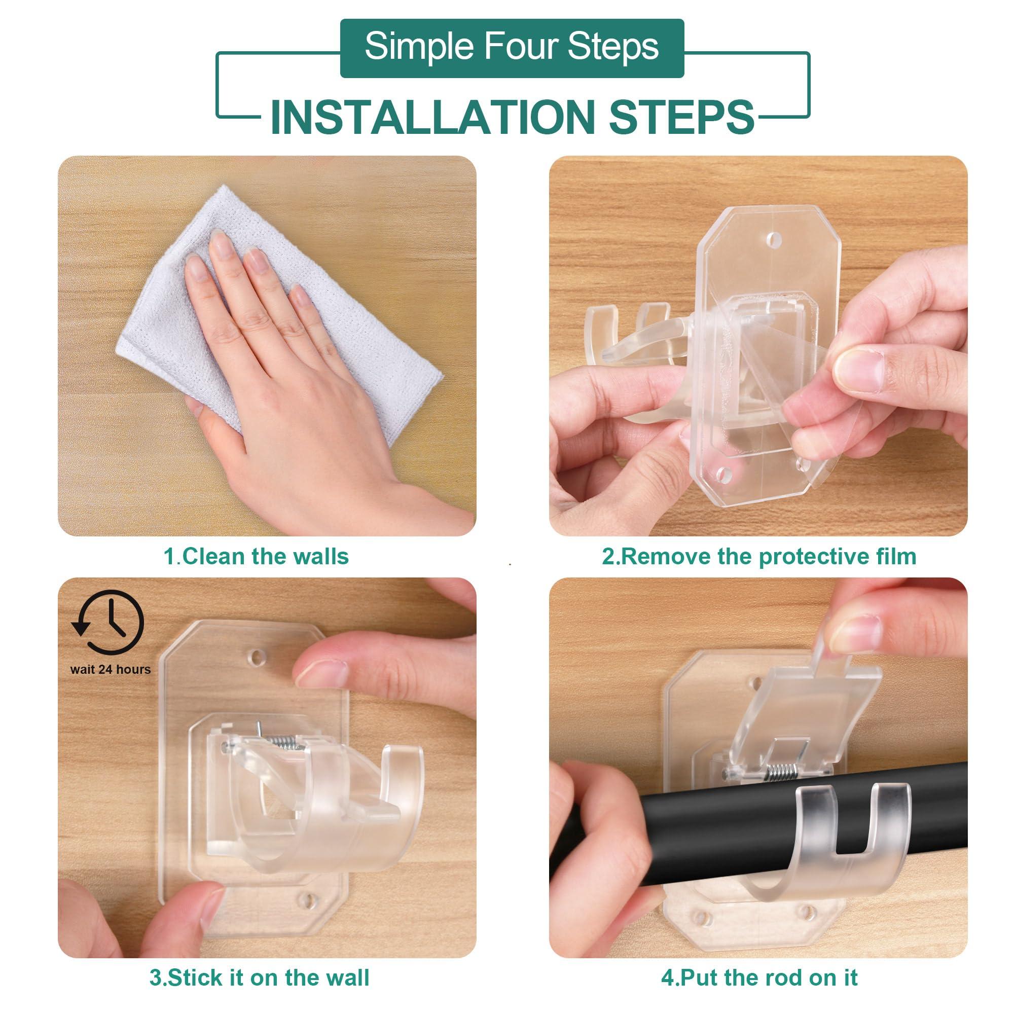 Codoule 2PCS No Drill Curtain Rod Brackets,Curtain Rod Holders No Drilling,Adhesive Curtain Rod Hooks,Nail Free Adjustable Curtain Hangers,Lokinsetin Perforated Non Nail Screw Stick On Sticky Drape Pole Stand