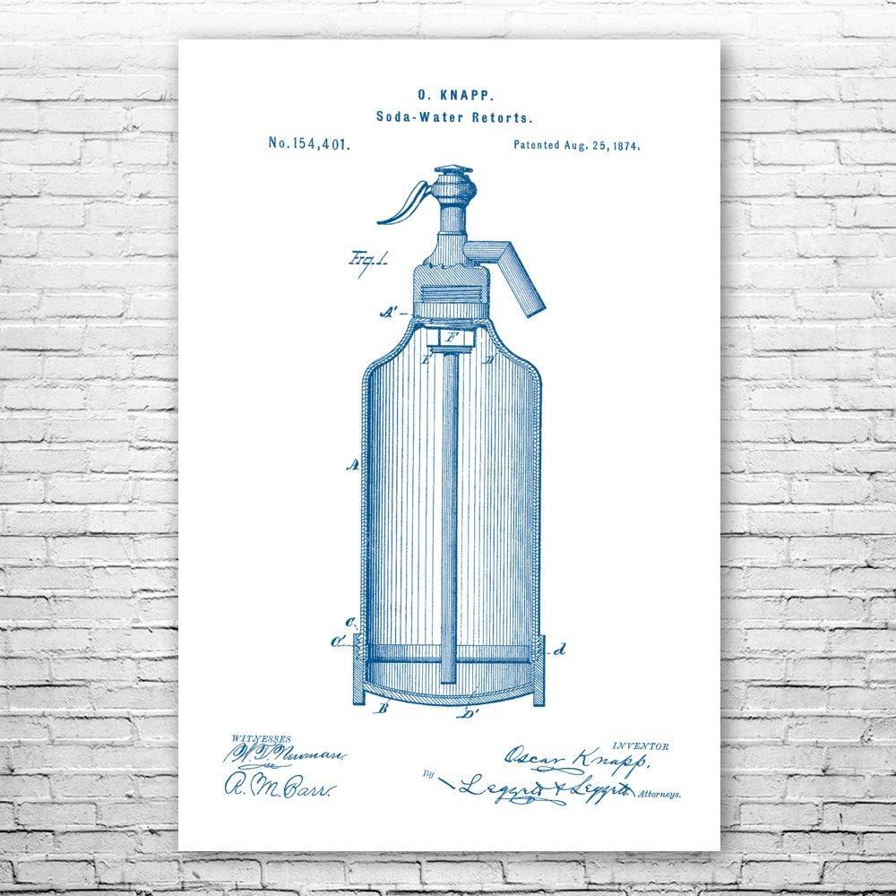 Patent Earth Seltzer Bottle Poster Print, Soda Brewery Art, Home Bar Decor, Bartender Gift, Pub Wall Art, Shaker Blueprint Blue & White (24 inch x 36 inch)