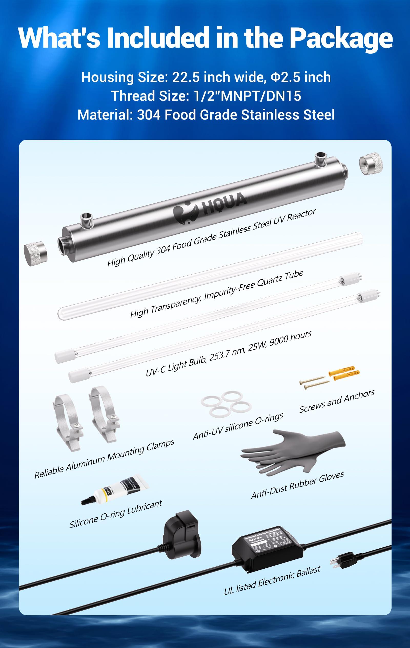 HQUA HQUA-OWS-6 Ultraviolet Water Purifier Filter for Kitchen Water Purification,6GPM 110V 25W Model HQUA-UV-6GPM + 1 Extra UV Tube
