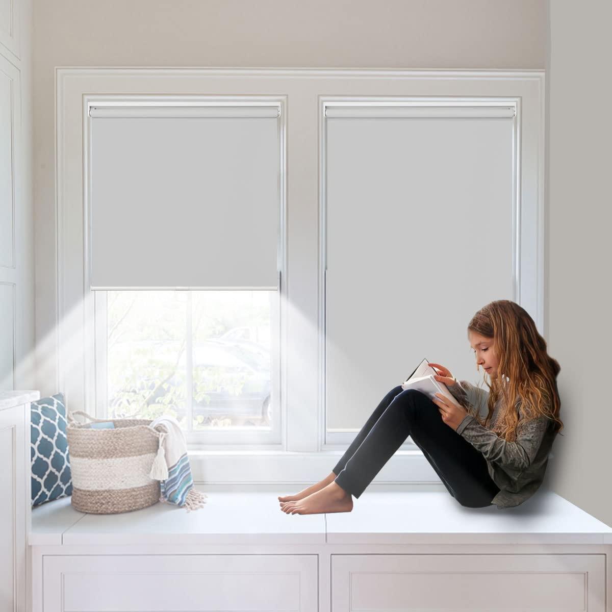 TINFONBLY Cordless Roller Blinds for Windows- Fabric Total Blackout Shades for Light Blocking, Heat Insulating, Easy Lift Bottom Up Blinds with Custom Mini and Large Size, Size 71" W x 60" H, Gray-Blackout