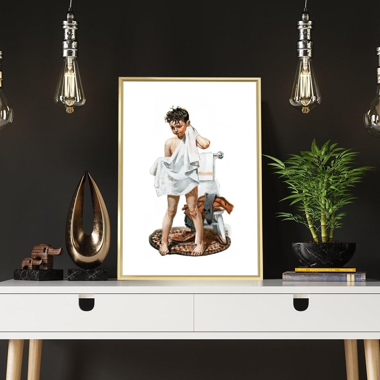 UdaCa C-L-E-A-N Boy Drying Off after Bath-low_res by Norman Wall Art Rockwell Poster Print for Teen Boys Room Wall Art Canvas Painting Print Ready to Hang Framed Golden 16x24inch(40x60cm)
