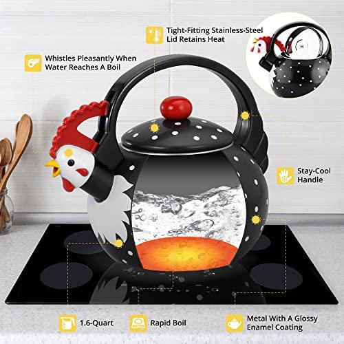 Supreme Housewares Whistling Tea Kettle for Stove Top Enamel on Steel Teakettle, Supreme Housewares Rooster Design Teapot Water Kettle Cute Kitchen Accessories Teteras (1.6 Quart, Rooster)