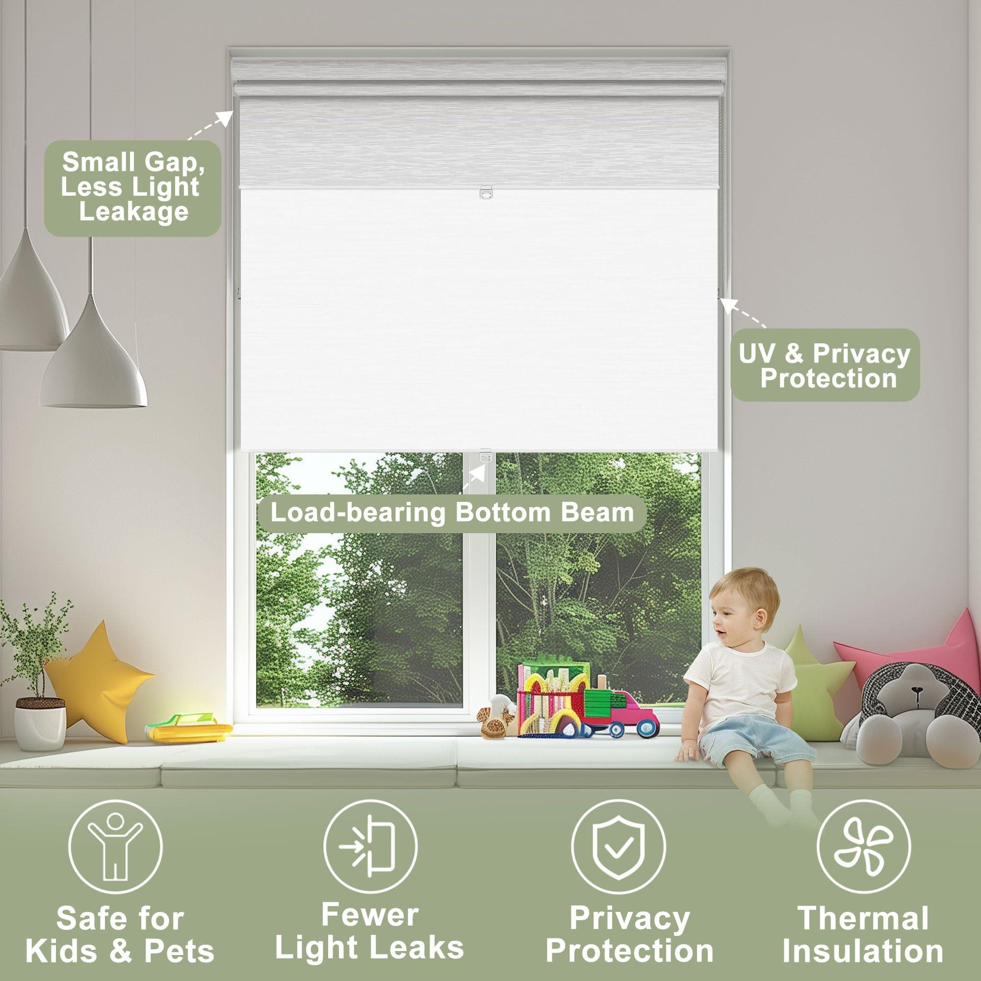 Doing-X DOING-X Dual Blinds Roller Shades for Window with Cassette Valance Thermal Insulation Cordless Blackout & Light Filtering Double Roller Blinds for Home Bedroom Office,70" W x 80" H,Jacquard White