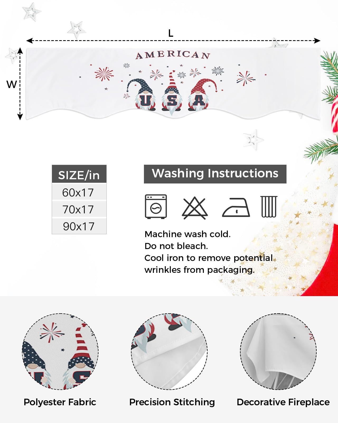 Chees D Zone Fireplace Scarf Independence Day 4th of July Dwarf Mantel Scarf Fireplace Top Runner Mantle Scarves Cover,USA Flag Red Blue Star White Fireplace Mantle Table Runner for Party Holiday Decor 60x17in