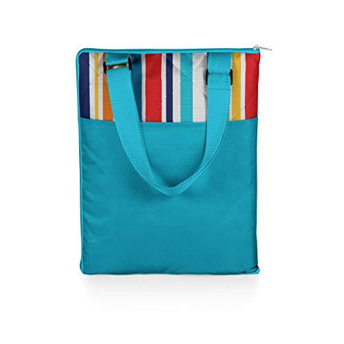 PICNIC TIME ONIVA - a Picnic Time brand - Vista Outdoor Picnic Blanket & Tote - Beach Blanket - Camping Blanket, (Fun Stripe Pattern with Aqua Blue Exterior)
