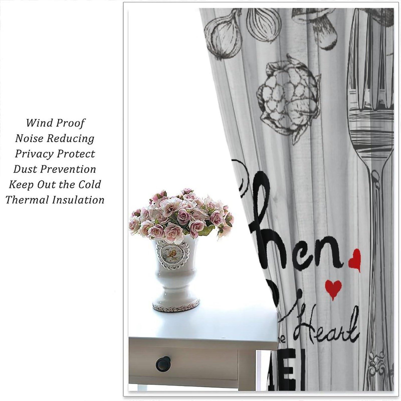 JanJCurt Chef Kitchen Curtains, Retro Cartoon Fat Chef Black Check Plaid Buffalo Rod Pocket Blackout Window Treatments for Cafe Bedroom Kitchen 52x84in