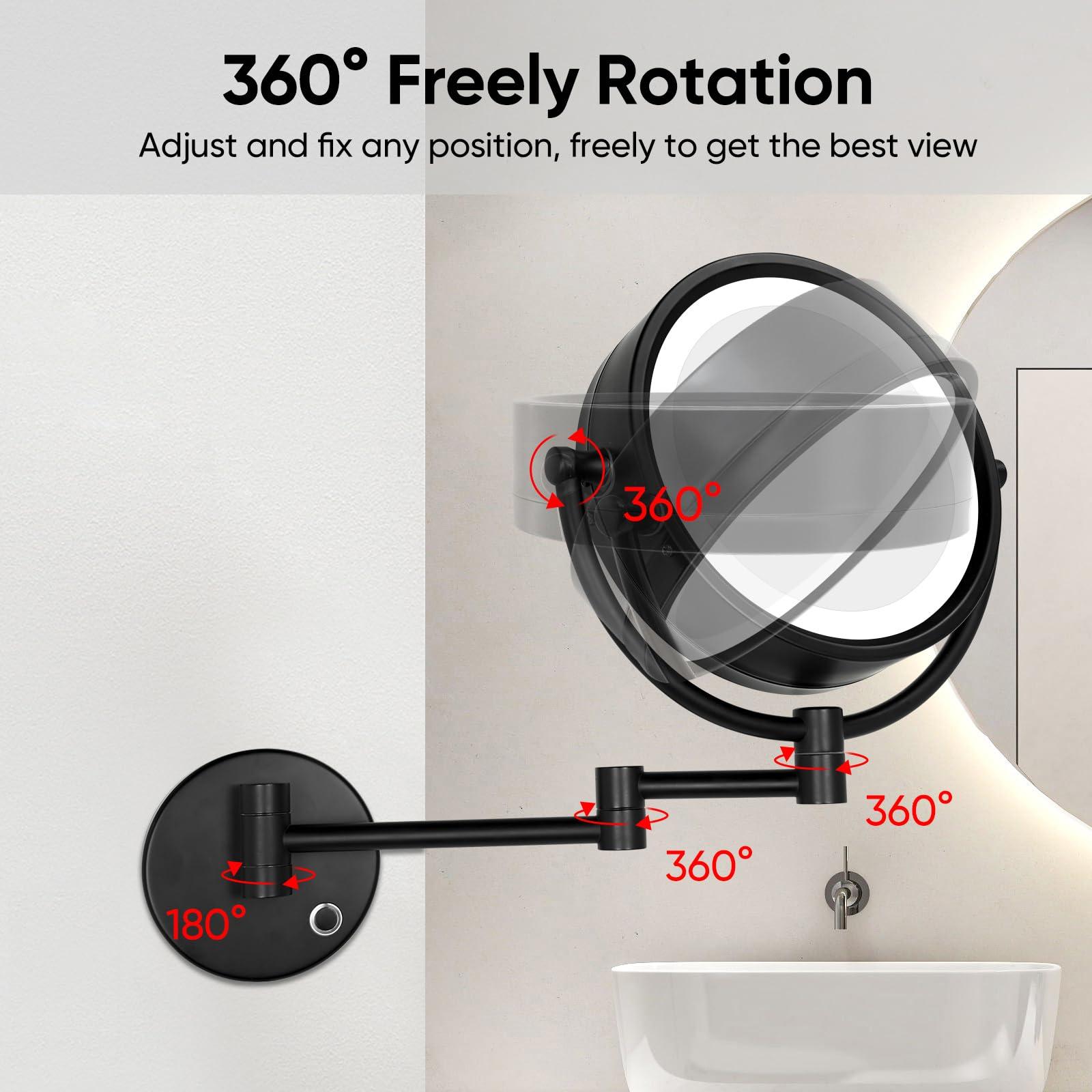 GURUN GURUN Wall Mounted Hardwired Makeup Mirror with 3 Tones LED Lights 10x Magnifying Mirror for Bathroom Bedroom 13\" Extendable Arm Direct Wire Black Finish M1809DB(10x,Black)