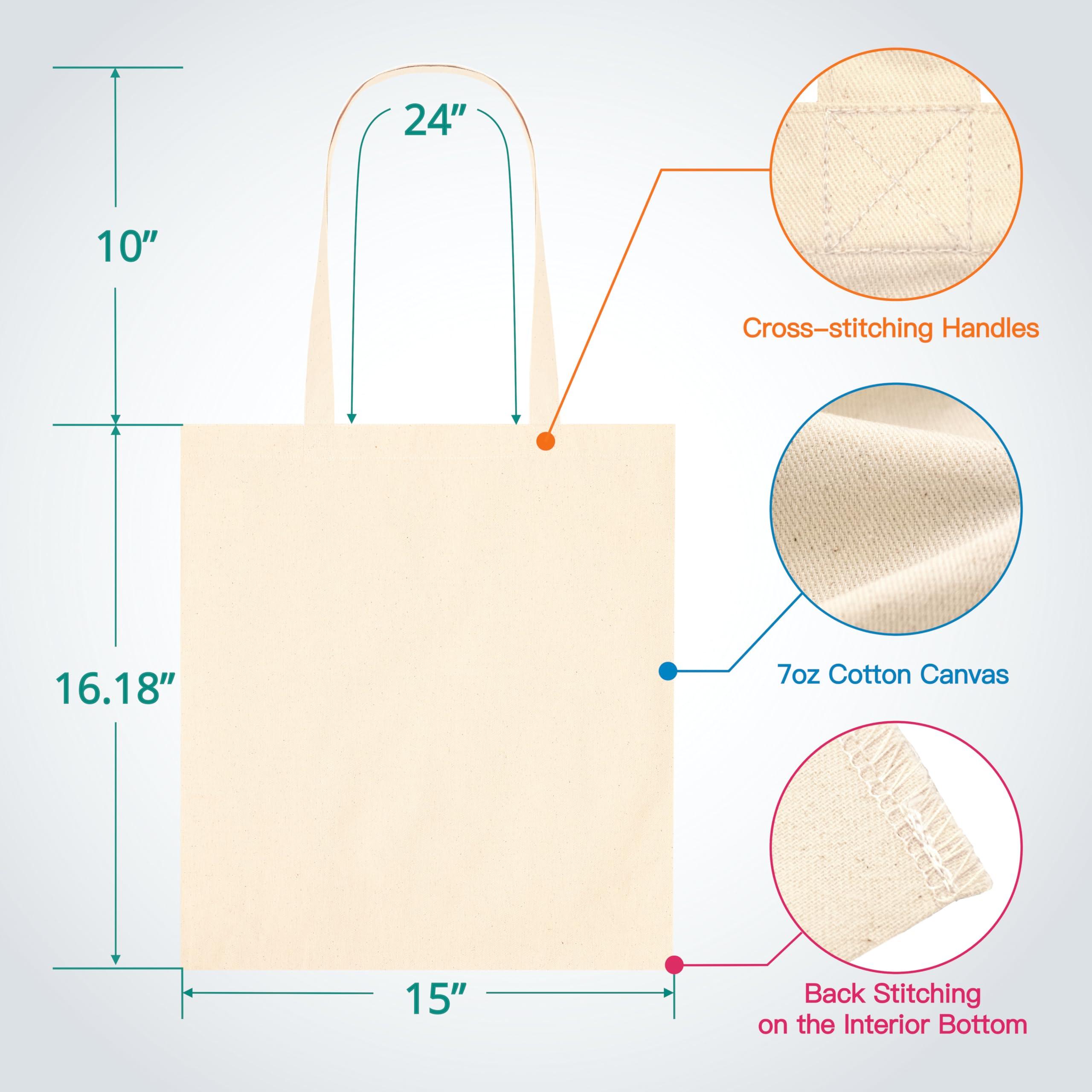 Phicorn Phicorn Blank Canvas Tote Bags Bulk - 7oz 100% Cotton, 15\"x16\", Reusable Grocery Bags - Plain Tote Bag for Craft and Painting (24-Pack)